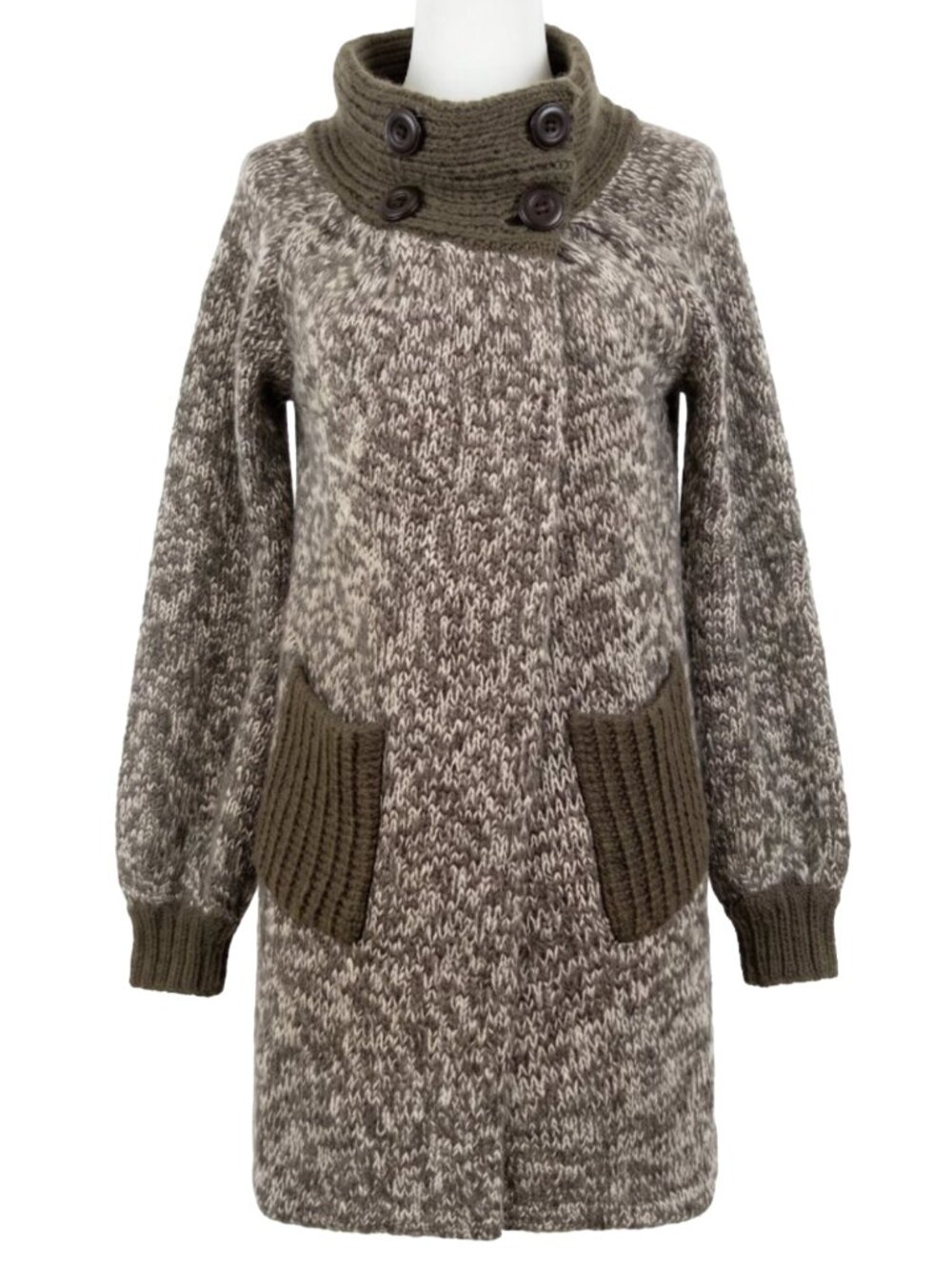 Max Mara Marled Knit Longline Cardigan Sweater Mock Neck Button Olive Brown M/L